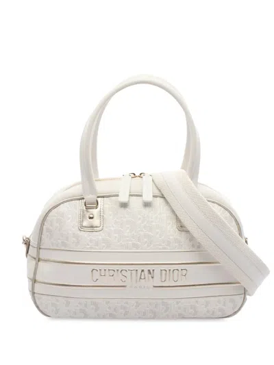 Pre-owned Dior 2021 Medium Perforated Calfskin Oblique  Vibe Bowling Bag Satchel In White