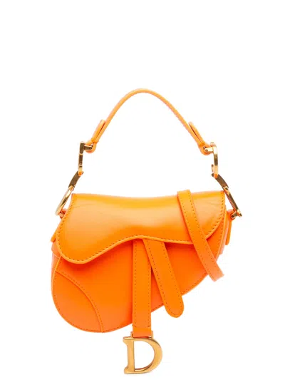 Pre-owned Dior 2021 Micro Goatskin Saddle Bag Satchel In Orange