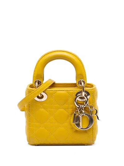 Pre-owned Dior 2021 Micro Lambskin Cannage Lady  Satchel In Yellow