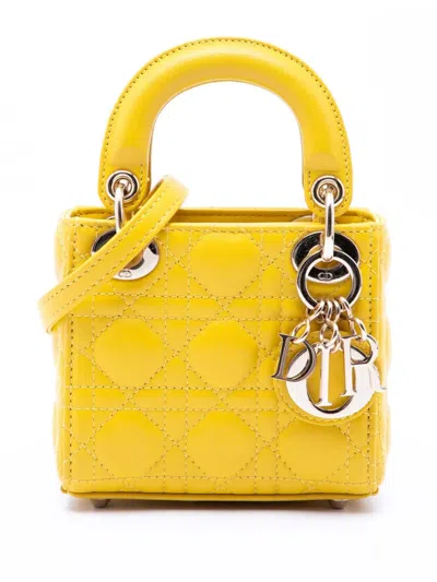 Pre-owned Dior 2021 Micro Lambskin Cannage Lady  Satchel In Yellow