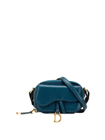 Pre-owned Dior 2021 Mini Goatskin Saddle Pouch Crossbody Bag In Blue