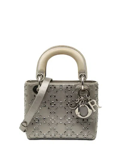 Pre-owned Dior 2021 Mini Satin Cannage Crystal Embellished Lady  Satchel In Gray