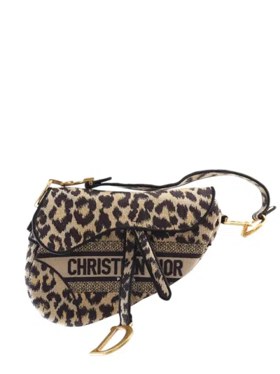 Pre-owned Dior 2021 Mizza Embroidered Canvas Leopard Saddle Bag Shoulder Bag In Brown