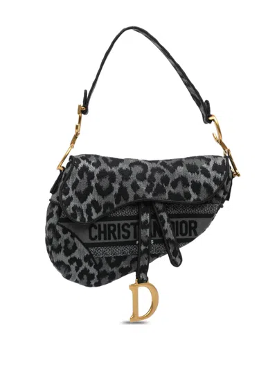 Pre-owned Dior 2021 Mizza Embroidered Canvas Leopard Saddle Bag Shoulder Bag In Grey