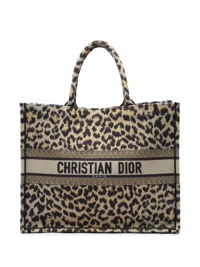 Pre-owned Dior 2021 Mizza Large Embroidered Canvas Leopard Book Tote Bag In Brown