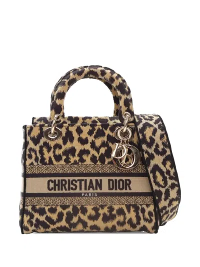 Pre-owned Dior 2021 Mizza Medium Embroidered Canvas Leopard Lady D Lite Satchel In Brown