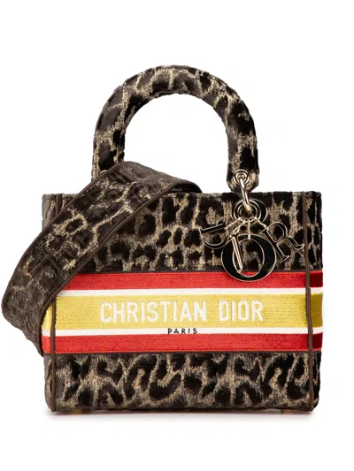 Pre-owned Dior 2021 Mizza Medium Embroidered Velvet Leopard Lady D Lite Satchel In Brown