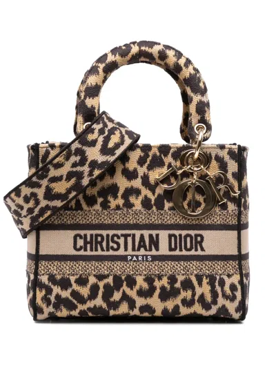 Pre-owned Dior 2021 Mizza Medium Leopard Embroidered Canvas Lady D Lite Satchel In Brown