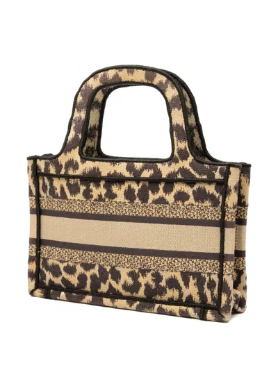 Pre-owned Dior 2021 Mizza Mini Embroidered Canvas Leopard Book Tote Bag In Brown
