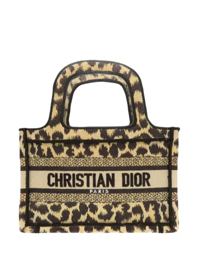 Pre-owned Dior 2021 Mizza Mini Embroidered Canvas Leopard Book Tote Bag In Brown