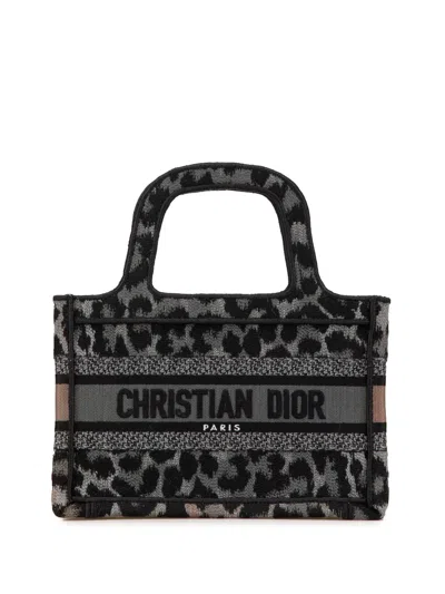 Pre-owned Dior 2021 Mizza Mini Embroidered Canvas Leopard Book Tote Handbag In 灰色
