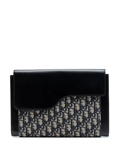 Pre-owned Dior 2021 Oblique Canvas And Leather Saddle Flap Portfolio Pouch Clutch Bag In Black