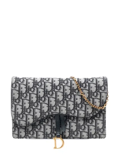 Pre-owned Dior 2021 Oblique Canvas Saddle Pouch Wallet On Chain Crossbody Bag In Blue