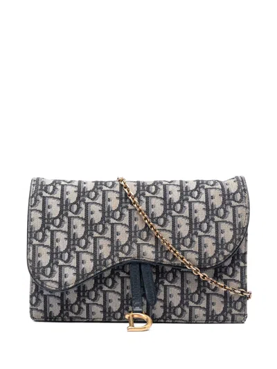 Pre-owned Dior 2021 Oblique Canvas Saddle Pouch Wallet On Chain Crossbody Bag In Blue