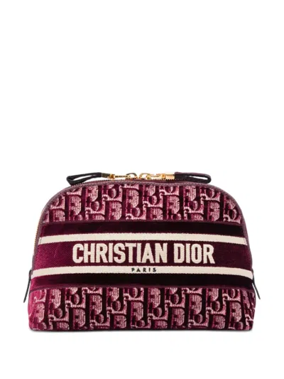 Pre-owned Dior 2021 Oblique Embroidered Velvet Cosmetic Pouch In Red