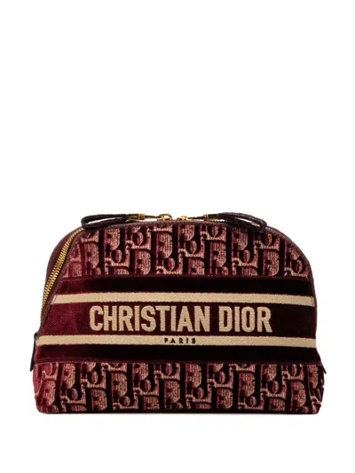 Pre-owned Dior 2021 Oblique Embroidered Velvet Cosmetic Pouch In Red