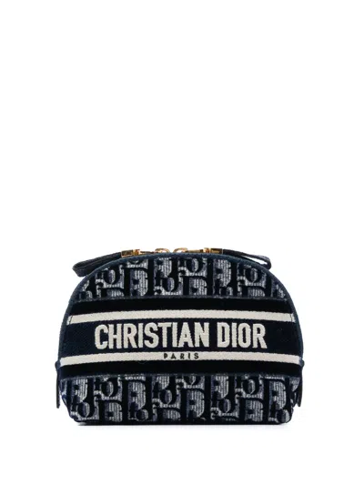 Pre-owned Dior 2021 Oblique Embroidered Velvet Cosmetic Pouch In Blue