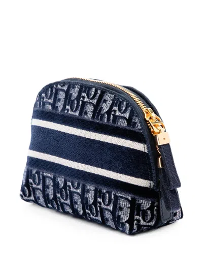 Pre-owned Dior 2021 Oblique Embroidered Velvet Cosmetic Pouch In Blue