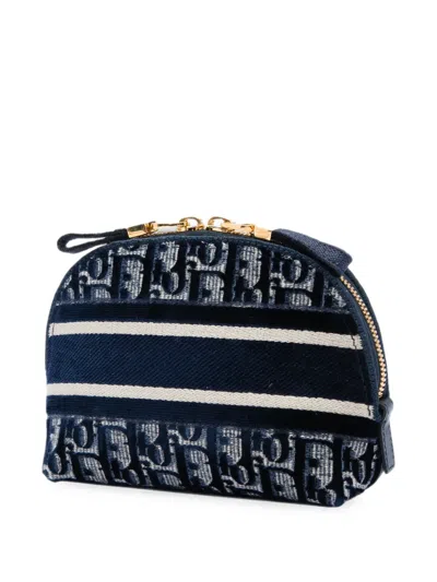 Pre-owned Dior 2021 Oblique Embroidered Velvet Cosmetic Pouch In Blue