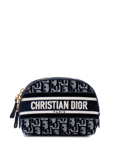Pre-owned Dior 2021 Oblique Embroidered Velvet Cosmetic Pouch In Blue