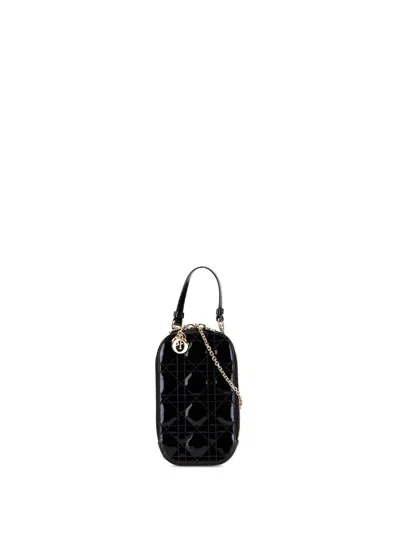 Pre-owned Dior 2021 Patent Cannage Lady  Call'in Phone Holder Satchel In Black