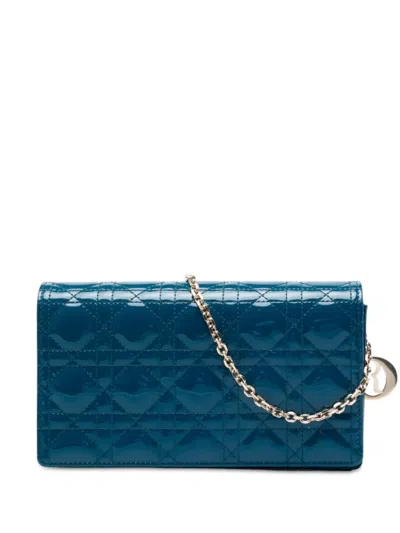 Pre-owned Dior 2021 Patent Cannage Lady  Wallet On Chain Crossbody Bag In Blue