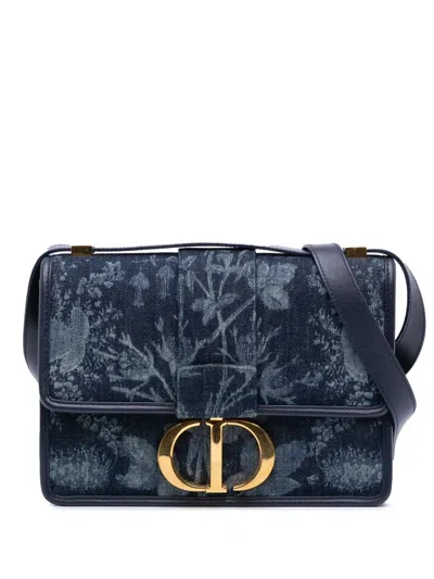 Pre-owned Dior 2021 Printed Denim Flowers 30 Montaigne Flap Crossbody Bag In Blue