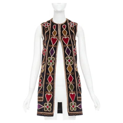 Pre-owned Dior 2021 Runway Black Velvet Folkloric Heart Velvet Embroidered Gilet Fr34 Xs