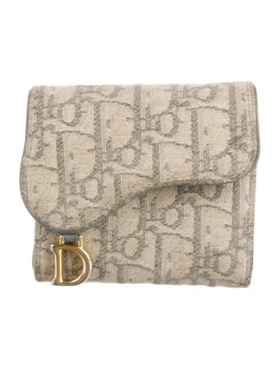 Pre-owned Dior 2021 Saddle Lotus Compact Wallet In Gray