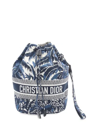 Pre-owned Dior 2021 Technical Fabric Embroidered Palm Tree Toile De Jouy Travel Drawstring Pouch In Blue