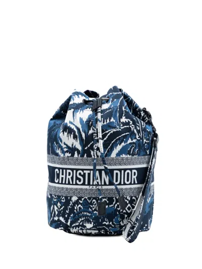 Pre-owned Dior 2021 Technical Fabric Embroidered Palm Tree Toile De Jouy Travel Drawstring Pouch Vanity Bag In Blue