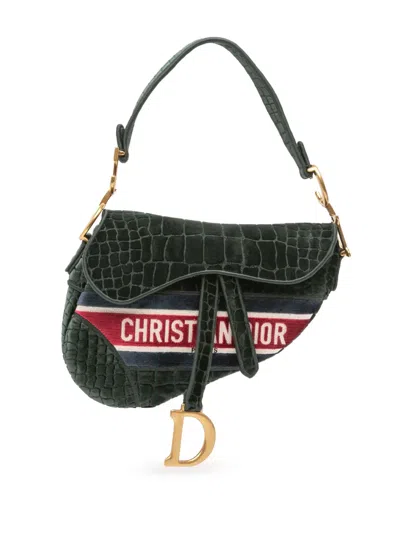 Pre-owned Dior 2021 Velvet Embroidered Crocodile Effect Saddle Bag Shoulder Bag In Green