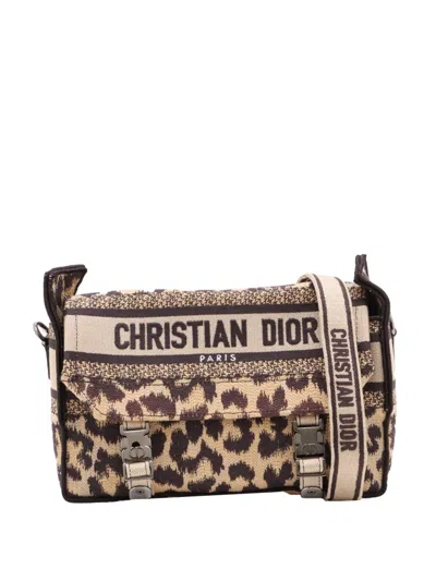 Pre-owned Dior 2021-2022 Mizza Small Embroidered Canvas Leopard Camp Messenger Bag Crossbody Bag In Neutral