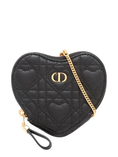Pre-owned Dior 2021-2026 Amour Calfskin Cannage Caro Heart Pouch With Chain Crossbody Bag In Black