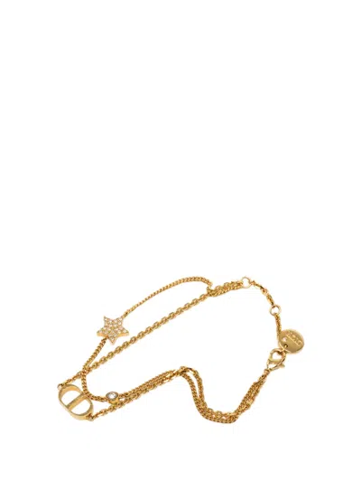 Pre-owned Dior 2021-2026 Gold Plated And Strass Petit Cd Logo Heart Charm Double Chain Bracelet Costume Bracelet