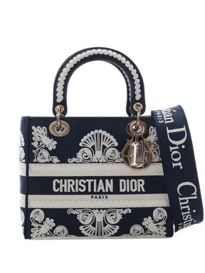 Pre-owned Dior 2021-2026 Medium Embroidered Canvas Cornely Lady D Lite Satchel In Blue