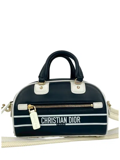 Pre-owned Dior 2021-2026 Micro Leather  Vibe Zip Bowling Bag Satchel In Blue