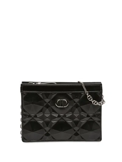 Pre-owned Dior 2022 Calfskin Macrocannage Diamond Caro Zipped Pouch With Chain Crossbody Bag In Black