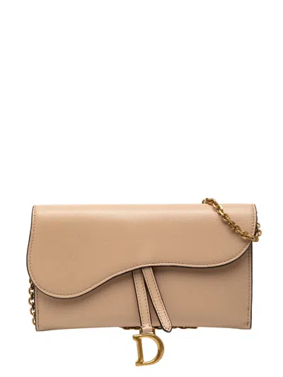 Pre-owned Dior 2022 Calfskin Saddle Wallet On Chain Crossbody Bag In Brown