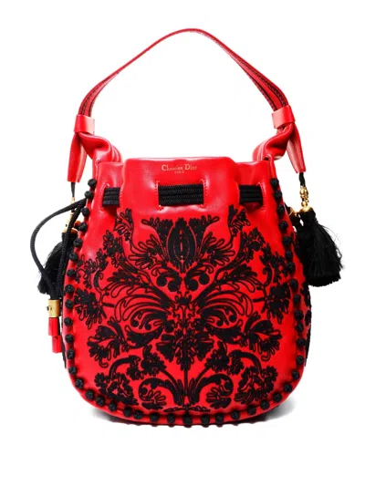 Pre-owned Dior 2022 Floral-embroidered Bucket Shoulderbag In Red