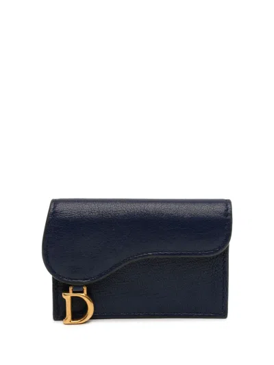 Pre-owned Dior 2022 Goatskin Saddle Bloom Card Holder In Blue