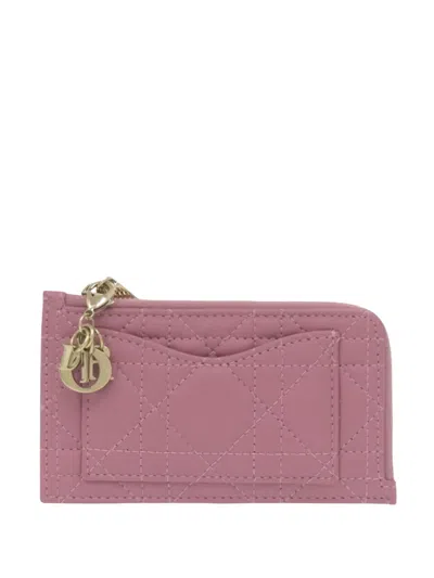 Pre-owned Dior 2022 Lambskin Cannage Lady  Cosmos Zip Card Holder In Pink