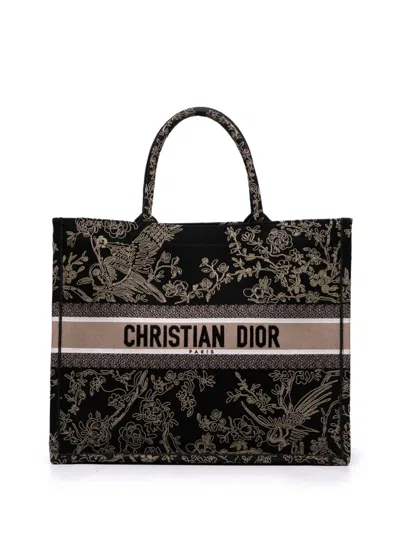 Pre-owned Dior 2022 Large Canvas Embroidered Jardin D'hiver Book Tote Bag In Black