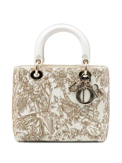 Pre-owned Dior 2022 Medium Calfskin Embroidered Jardin D Hiver Lady  Satchel In White