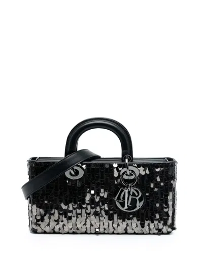 Pre-owned Dior 2022 Medium Calfskin Sequin Embellished Lady D Joy Satchel In Black