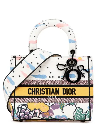 Pre-owned Dior 2022 Medium Canvas Embroidered Ciel De Reve Lady D Lite Satchel In White