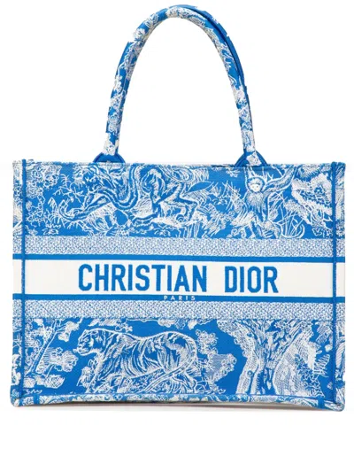 Pre-owned Dior 2022 Medium Canvas Embroidered Iviera Toile De Jouy Book Tote Bag In Blue