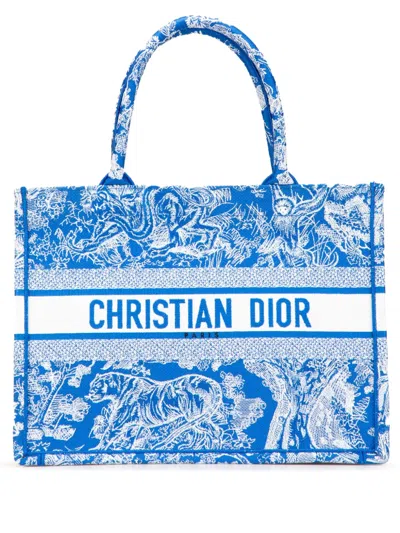 Pre-owned Dior 2022 Medium Canvas Embroidered Iviera Toile De Jouy Book Tote Bag In Blue