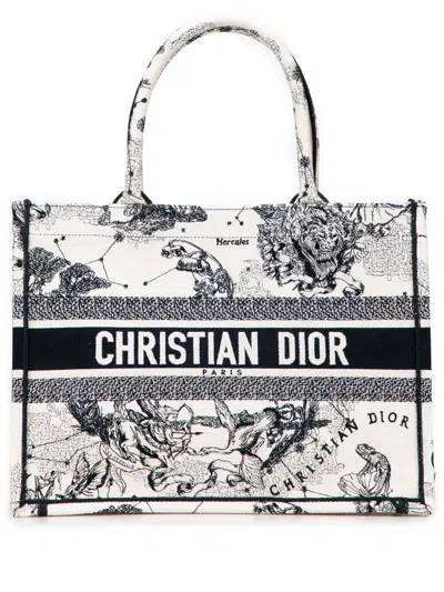 Pre-owned Dior 2022 Medium Canvas Embroidered Zodiac Toile De Jouy Book Tote Bag In White