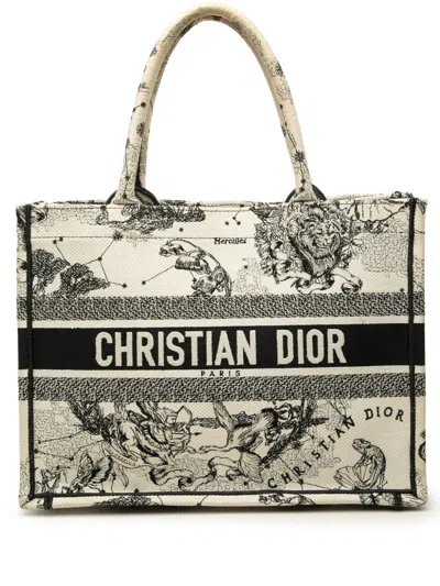 Pre-owned Dior 2022 Medium Canvas Embroidered Zodiac Toile De Jouy Book Tote Bag In White